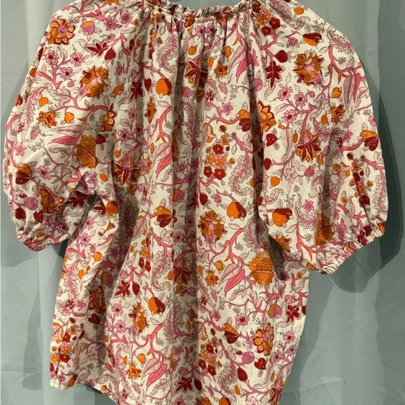 Knox Rose Vibrant Pink Coral Floral Peasant Top Boho Shirt Short Sleeve Shirt - Picture 3 of 7